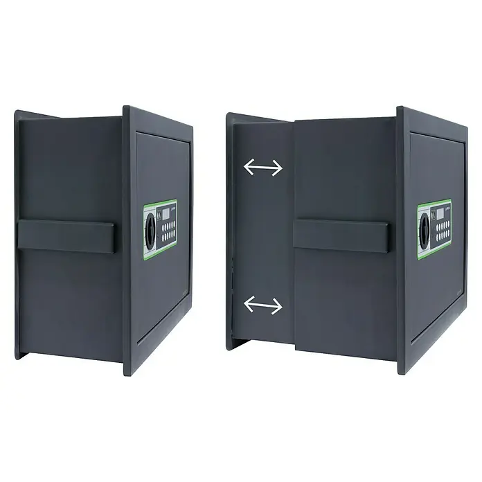 Arregui Caja fuerte empotrable Supra - L x An x Al: 25 x 42 x 32 cm, Negro/Verde, 11 l - Dos cajas fuertes, una con compartimento abierto, muestran la función de deslizamiento que ofrece almacenamiento seguro.