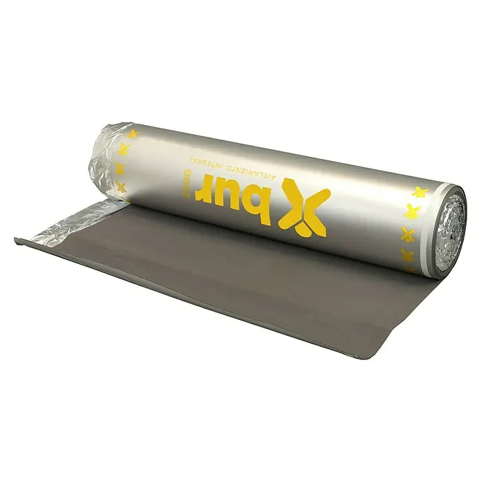 Bur2000 Base aislante Sound Silver 2 - 25 m², Espesor: 2 mm - Un rollo de aislamiento Xbur 2000, un producto para el aislamiento térmico de edificios con un diseño de impresión amarilla y lámina plateada.
