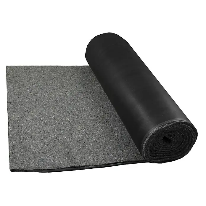 Bur2000 Placa absorbente acústica Noise 35 R - 6 m x 1 m x 18 mm, Espuma viscoelástica - Material insonorizante negro enrollado con una superficie gris y granulada, diseñado para el aislamiento acústico.