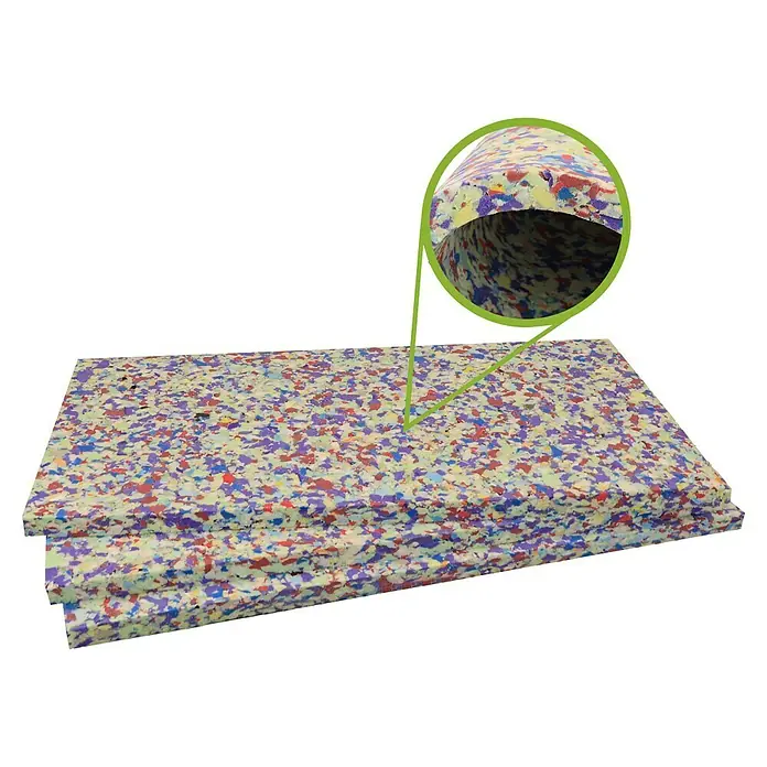 Bur2000 Placa aislante multiuso - L x An x Al: 2 m x 1 m x 4 cm, Densidad aparente: 80 kg/m³ - Vista de una pila de mantas de espuma coloridas, que muestra su composición y textura, con un primer plano detallado.