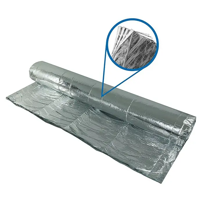 Bur2000 Aislamiento reflexivo Termoreflex 9 - 10 x 1,5 m, 15 m² - Primer plano de un rollo de película aislante reflectante, que detalla la estructura multicapa.