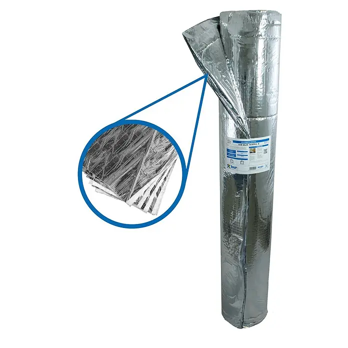 Bur2000 Aislamiento reflexivo Termoreflex 9 - 10 x 1,5 m, 15 m² - Imagen de un rollo de material aislante Air-Bur Termic 9, con una vista detallada de las capas reflectantes, ideal para aislamiento térmico y acústico.