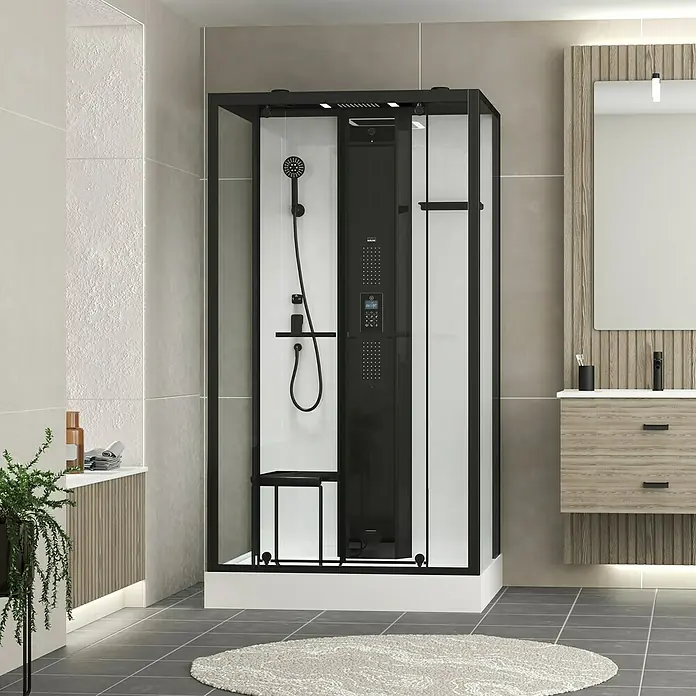 Aurlane Dampfdusche Relax Hammam - 90 x 115 x 215 cm, Schwarz/Weiß - Elegante Duschkabine mit schwarzem Rahmen und integrierter Duschanlage, die ein modernes Badezimmerdesign unterstreicht.