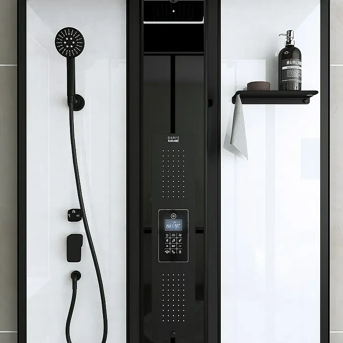 Aurlane Cabina de ducha de vapor Relax Hammam - 90 x 115 x 215 cm, Negro - Panel de ducha moderno con teleducha, controles digitales y estante para productos de cuidado. Diseño elegante en blanco y negro.