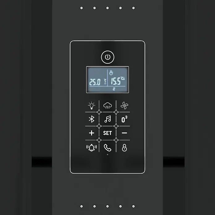 Aurlane Dampfdusche Relax Hammam - 90 x 115 x 215 cm, Schwarz/Weiß - Eine Nahaufnahme eines schwarzen Bedienfelds mit verschiedenen Symbolen und digitalen Anzeigen zur Steuerung von Funktionen.