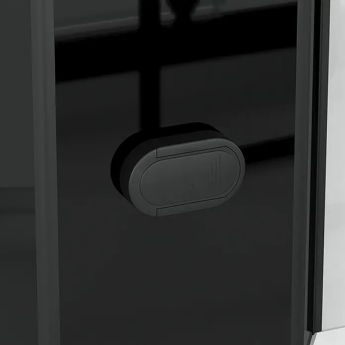 Aurlane Cabina de ducha de vapor Relax Hammam - 90 x 115 x 215 cm, Negro - Primer plano del tirador negro con marca de flecha en una cabina de ducha moderna. Elemento de diseño elegante.