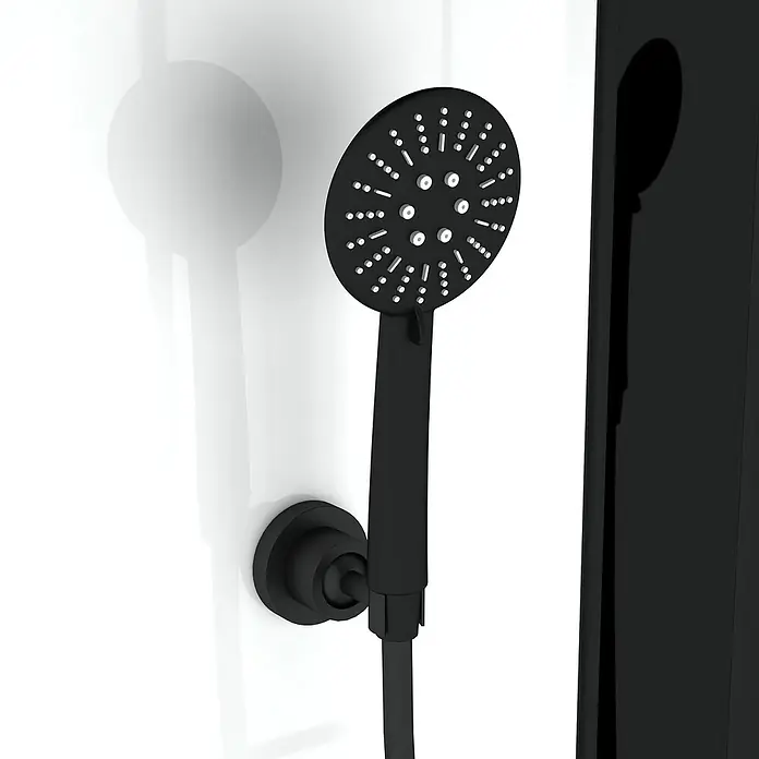 Aurlane Cabina de ducha de vapor Relax Hammam - 90 x 115 x 215 cm, Negro - Teleducha negra con cabezal redondo y múltiples boquillas montada en una pared blanca, junto a un panel negro.