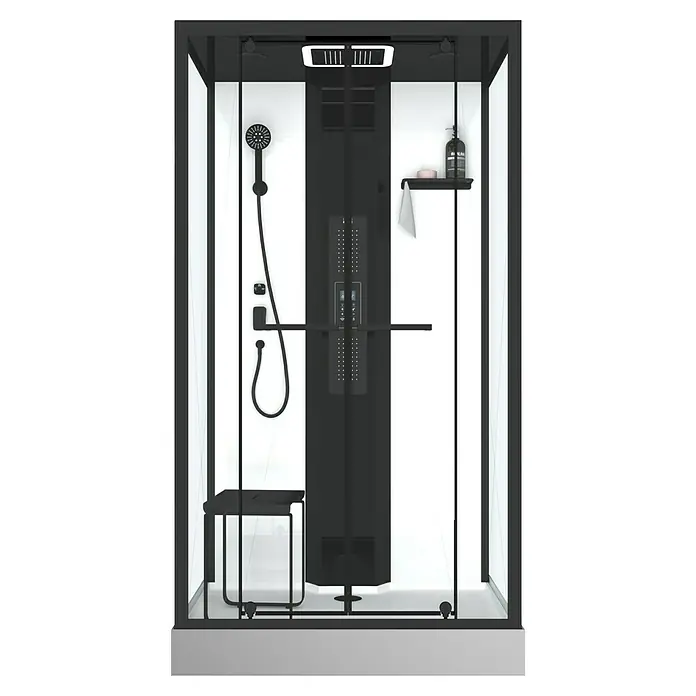 Aurlane Dampfdusche Relax Hammam - 90 x 115 x 215 cm, Schwarz/Weiß - Bild einer modernen Duschkabine mit schwarzem Rahmen, integrierter Duschsäule und stilvoller Ausstattung.