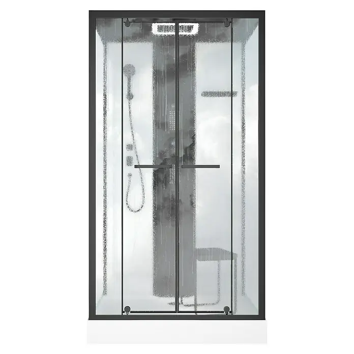 Aurlane Dampfdusche Relax Hammam - 90 x 115 x 215 cm, Schwarz/Weiß - Das Bild zeigt eine moderne Duschkabine mit schwarzen Rahmen und beschlagenen Glaswänden, die eine luxuriöse und funktionale Badezimmerausstattung darstellt.