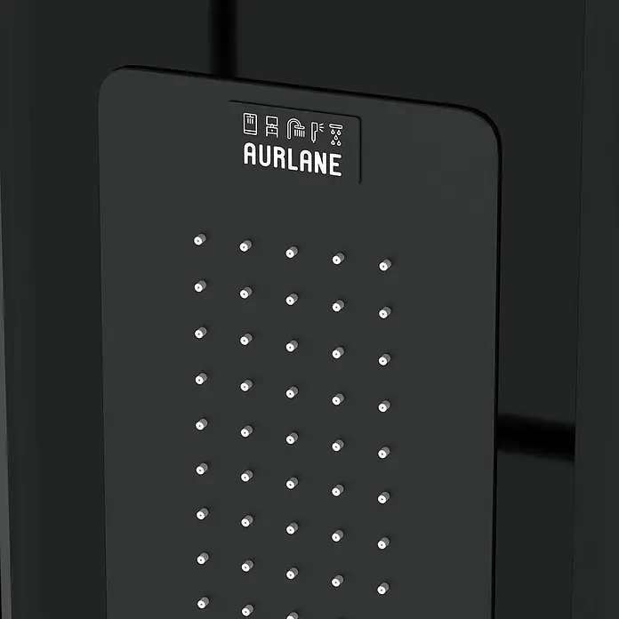 Aurlane Cabina de ducha de vapor Relax Hammam - 90 x 115 x 215 cm, Negro - Primer plano de un panel de ducha Aurlane negro, con múltiples chorros y el logotipo de Aurlane en la parte superior.