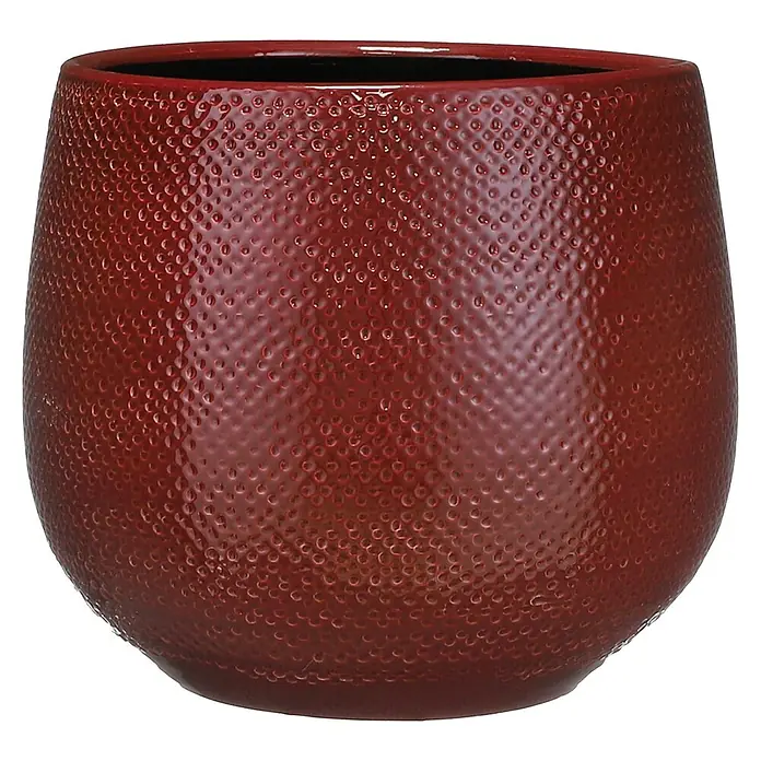 Mica Decorations Übertopf rund Gabriel - Außenmaß (Ø x H): 25 x 20 cm, Bordeaux, Keramik - Nahaufnahme eines bordeauxroten Blumentopfs mit Noppenmuster und schwarzer Innenseite.