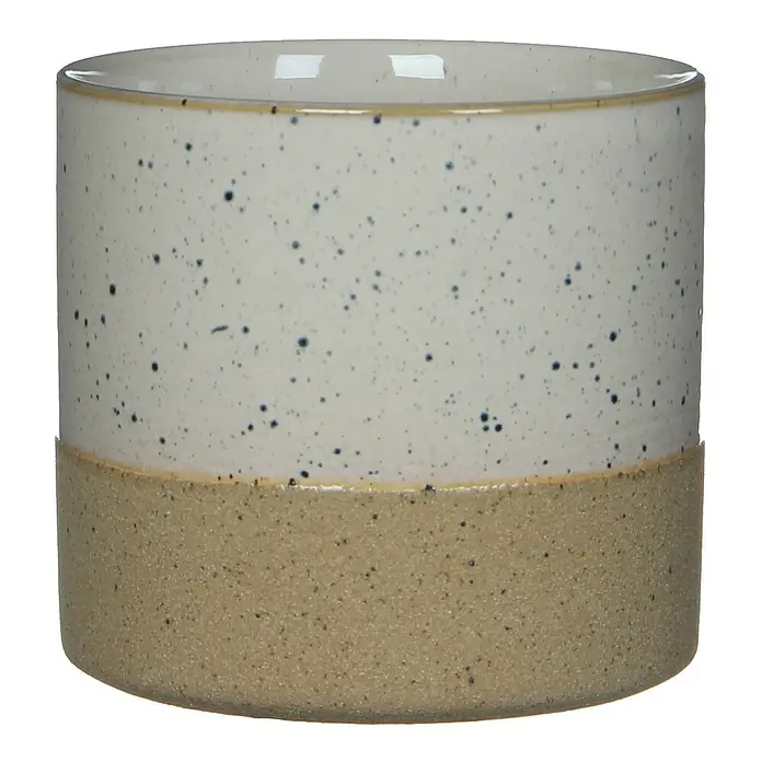 Mica Decorations Übertopf rund Lago - Außenmaß (Ø x H): 13,5 x 13 cm, Keramik, Weiss - Nahaufnahme eines zylindrischen Keramikblumentopfs mit beiger Basis und gesprenkeltem, cremefarbenen Oberteil für Pflanzenliebhaber.