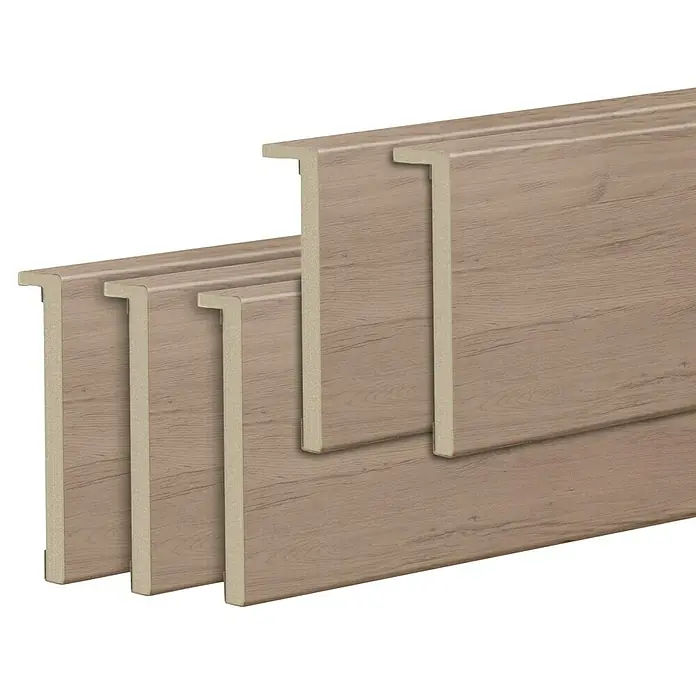 Solid Elements Tapeta Toronto - 8 x 220 cm, Marrón, 5 ud. - Imagen del producto de tres zócalos con aspecto de madera. Los zócalos son de color marrón claro y tienen forma de T.