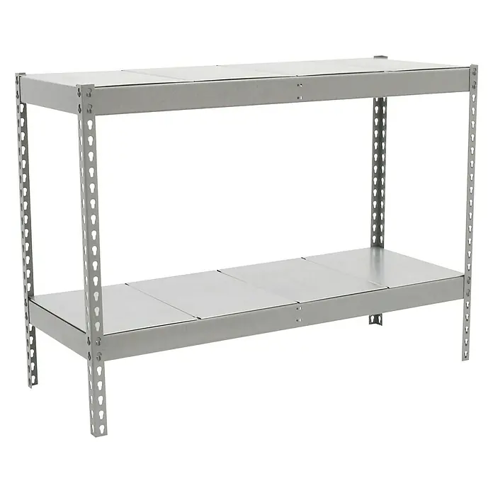Simonrack Simontaller Estantería para cargas pesadas Metal - Al x An x Pr: 90 x 120 x 75 cm, Capacidad de carga por balda: 400 kg, Número de baldas: 2 ud., Inserción, Galvanizado - Imagen de una estantería metálica gris de dos niveles, ideal para almacenamiento y organización en taller o garaje.