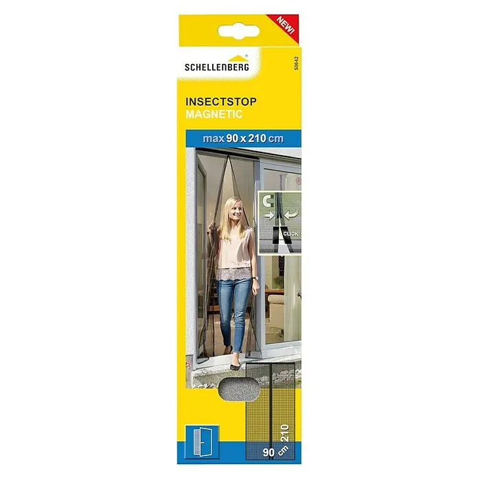Schellenberg Insect Stop Mosquitera Magnetic con listel - An x Al: 90 x 210 cm, Fijación magnética, Antracita, Color bastidor: Antracita - Embalaje de la puerta mosquitera magnética Schellenberg Insectstop con información de tamaño e imagen del producto.