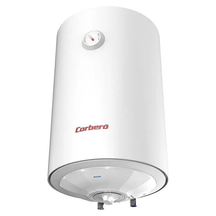 Corberó Termo eléctrico CTW - 100 l, 1.500 W, Montaje en la pared - Primer plano de un calentador de agua Corberó blanco con indicador de temperatura y puntos de conexión.