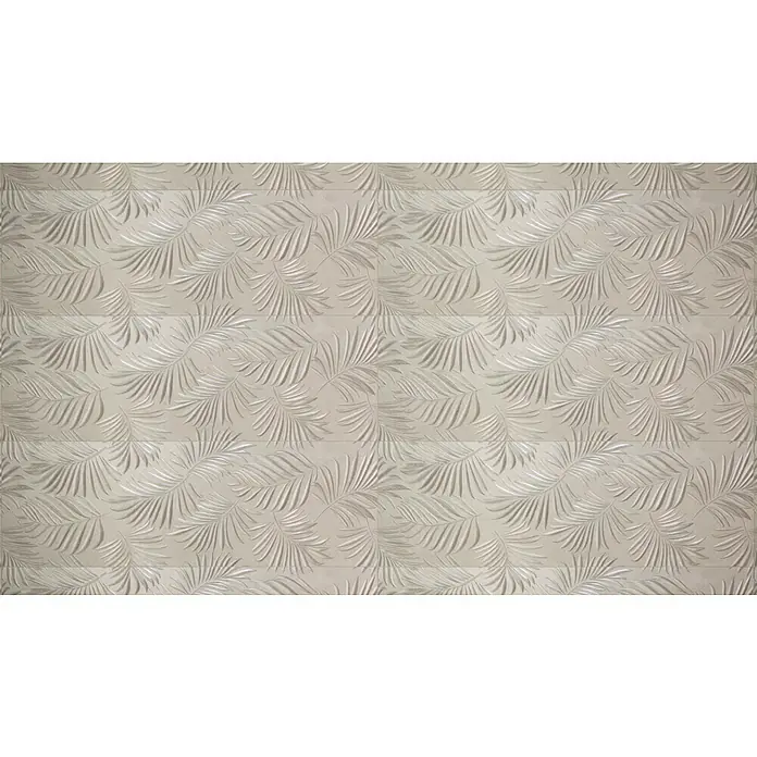 Wandfliese Palmeto Dekor Gris - 30 x 90 cm, Grau, Matt - Nahaufnahme einer strukturierten Wandplatte mit einem geprägten Palmenblattmuster, ideal für modernes Innendesign.