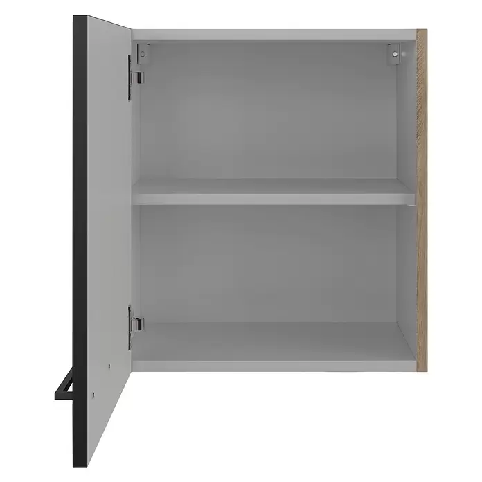 Flex-Well Küchen-Hängeschrank Capri - L x B x H: 32 x 50 x 54,8 cm, Schwarz/Braun - Offener Hängeschrank mit zwei Einlegeböden. Heller grauer Innenraum, weiße Tür mit schwarzem Rand, helle Holzmaserung Seitenwand.