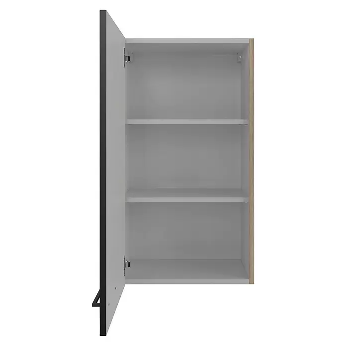 Flex-Well Küchen-Hängeschrank Capri - L x B x H: 32 x 50 x 89 cm, Schwarz/Braun - Moderner offener Wandschrank mit zwei grauen Einlegeböden, schwarzer Türkante und hellem Holzdekor.