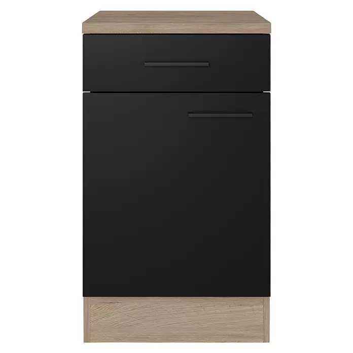Flex-Well Küchen-Unterschrank Capri - L x B x H: 60 x 50 x 85 cm, Schwarz/Braun - Schwarz-brauner Nachttisch mit Schublade und Tür/großer Schublade, schwarzen Griffen.