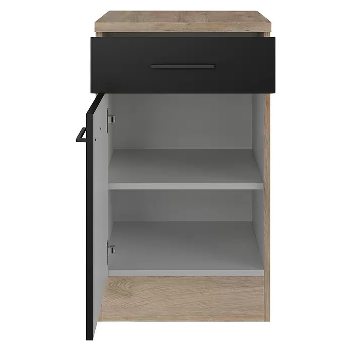 Flex-Well Küchen-Unterschrank Capri - L x B x H: 60 x 50 x 85 cm, Schwarz/Braun - Kleiner Holzschrank mit schwarzer Schublade und offener Tür, die zwei Einlegeböden zeigt.