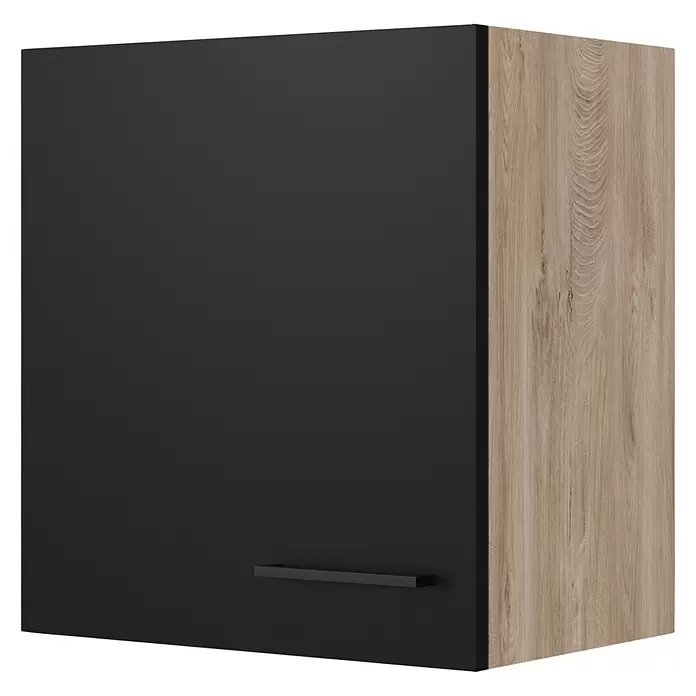 Flex-Well Küchen-Hängeschrank Capri - L x B x H: 32 x 50 x 54,8 cm, Schwarz/Braun - Schwarzer Wandschrank mit hellen Holzseiten und schwarzem Griff.