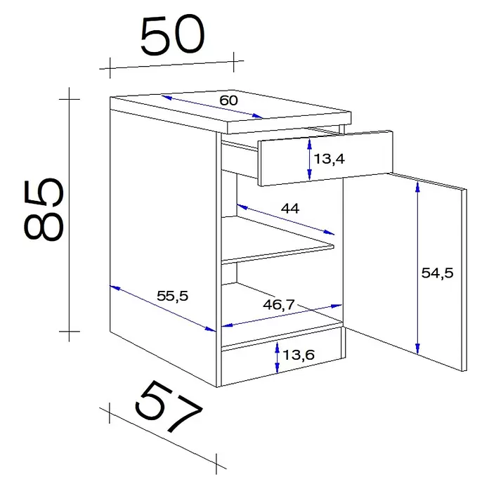 Flex-Well Cara Küchenzeile - Breite: 220 cm, Höhe: 200 cm, Schilfgrün Antifingerprint / Artisan Eiche, Mit Elektrogeräten - Technische Zeichnung eines Schranks mit Schublade, Regalen und Drehtür, detailliert mit Maßen.