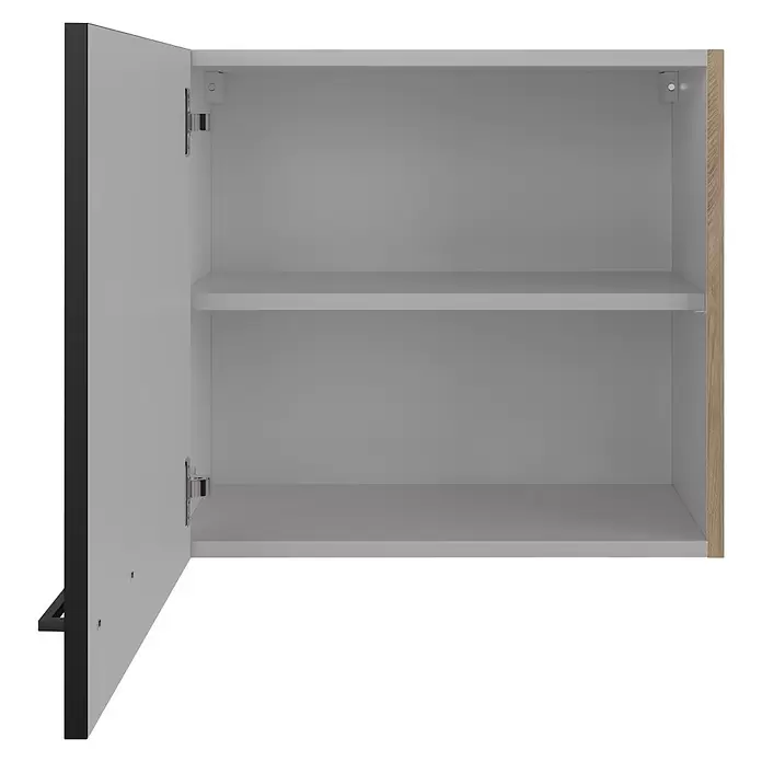 Flex-Well Küchen-Hängeschrank Capri - L x B x H: 32 x 60 x 54,8 cm, Schwarz/Braun - Offener Wandschrank mit zwei Regalböden, einer weißen Tür mit schwarzer Kante und einer hellen Holzseitenwand.