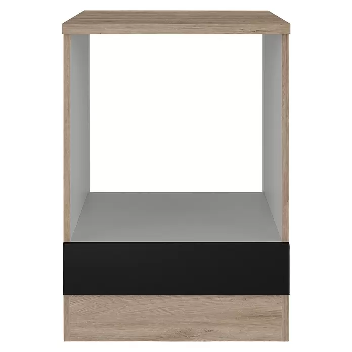 Flex-Well Herd-Umbauschrank Capri - 60 x 60 x 85 cm, Schwarz - Offenes Regalmöbel in heller Holzoptik mit grauem Innenraum und schwarzer Frontplatte.