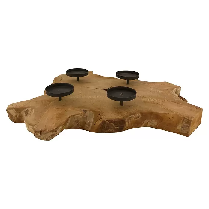 Adventskranz Holz - Durchmesser: 55 cm, Holz, Braun - Rustikaler Kerzenhalter aus Holz mit vier dunklen Metallkerzenschalen.