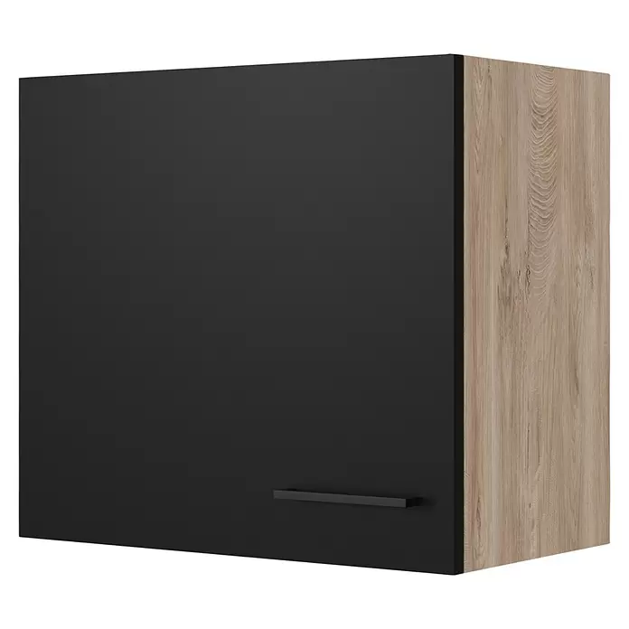Flex-Well Küchen-Hängeschrank Capri - L x B x H: 32 x 60 x 54,8 cm, Schwarz/Braun - Wandschrank mit schwarzer Tür und hellen Holzmaserungsseiten, mit schwarzem Stangengriff.