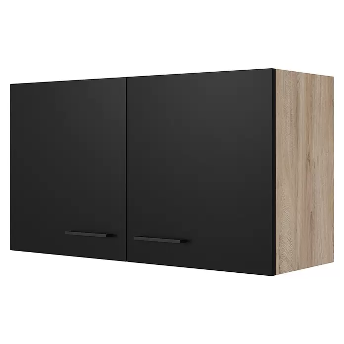 Flex-Well Küchen-Hängeschrank Capri - L x B x H: 32 x 100 x 54,8 cm, Schwarz/Braun - Zweitüriger Wandschrank in Schwarz matt mit Seiten in heller Holzoptik und schwarzen Stangengriffen.