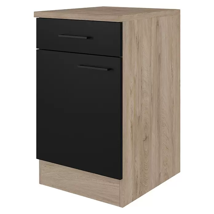 Flex-Well Küchen-Unterschrank Capri - L x B x H: 60 x 50 x 85 cm, Schwarz/Braun - Moderner Schrank mit hellem Holzrahmen, schwarzer Schublade und Tür, ausgestattet mit eleganten schwarzen Griffen.