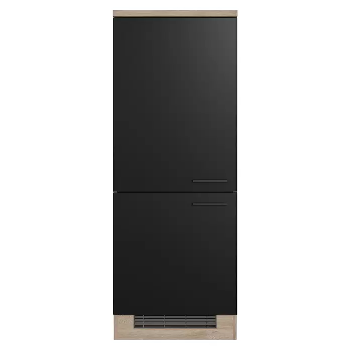Flex-Well Geräteumbauschrank Capri - 60 x 60 x 161 cm, Schwarz - Schwarzes Einbaugerät mit zwei Türen, horizontalen Griffen und hellen Holzblenden oben/unten mit Lüftungsgitter.