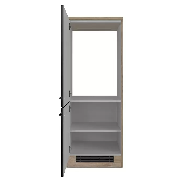 Flex-Well Geräteumbauschrank Capri - 60 x 60 x 161 cm, Schwarz - Offener Schrank mit hellgrauen Regalböden, Holzmaserung und Belüftungsgitter.