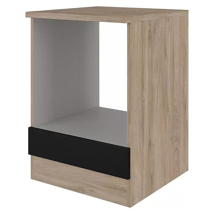 Flex-Well Herd-Umbauschrank Capri - 60 x 60 x 85 cm, Schwarz - Holzschrank in heller Holzoptik mit offenem grauen Fach und schwarzer Schubladenfront.