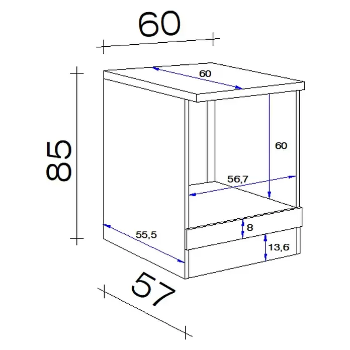 Flex-Well Wito Herd-Umbauschrank - B x T x H: 60 x 60 x 85 cm, Weiß - Technische Zeichnung eines Schranks mit Maßen und offenen Fächern.