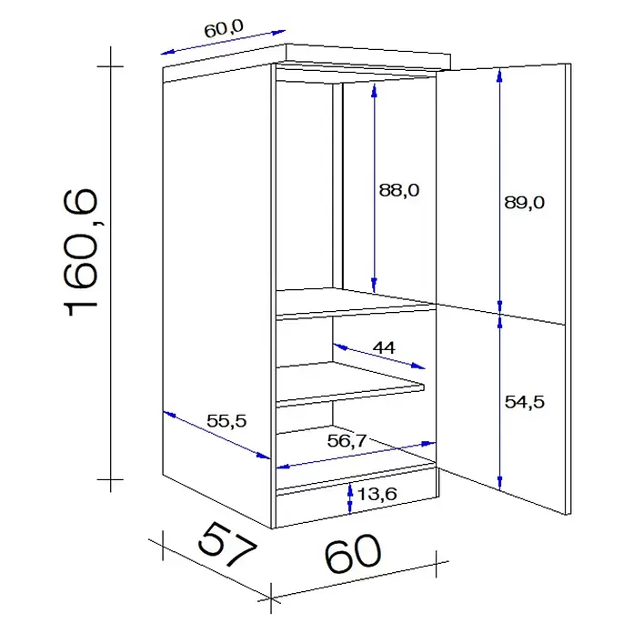 Flex-Well Samoa Geräteumbauschrank Samoa - B x T x H: 60 x 60 x 161 cm, Weiß - Kompakter Kleiderschrank mit Tür, Innenregalen und Schublade, detailliert mit Gesamt- und Innenmaßen.