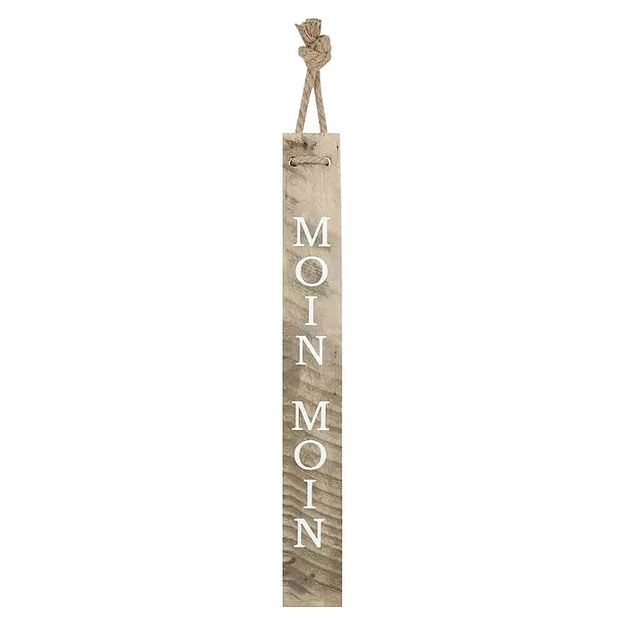 Wandobjekt Holzschild - Moin Moin, 10 x 78 cm, Holz - Helles Holzschild mit der Aufschrift 'MOIN MOIN' in weißen Buchstaben, an einem Naturjuteseil hängend.