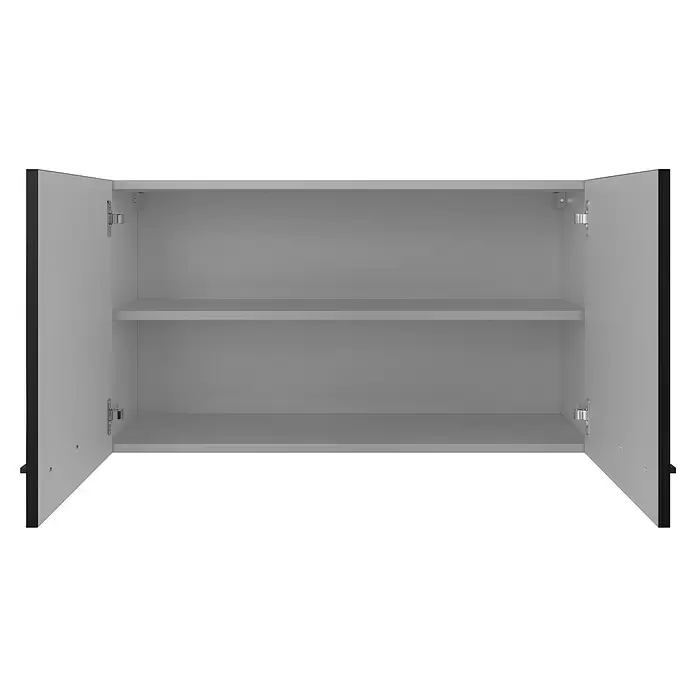 Flex-Well Küchen-Hängeschrank Capri - L x B x H: 32 x 100 x 54,8 cm, Schwarz/Braun - Weißer Schrank mit zwei offenen Türen, der ein Innenregal enthüllt.