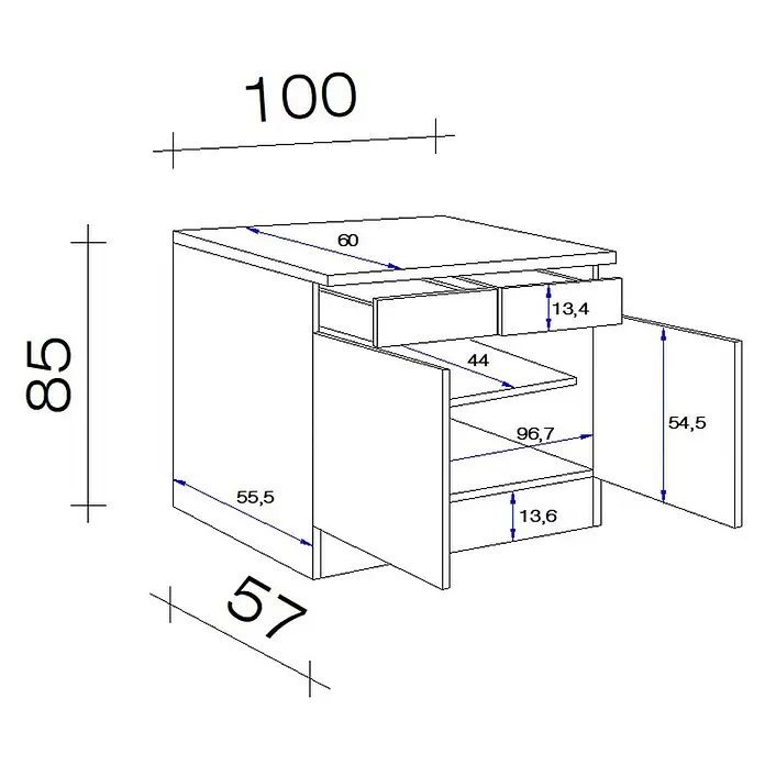 Flex-Well Avila Unterschrank - B x T x H: 100 x 60 x 85 cm, Magnolia matt - Technisches Zeichnung eines Schranks mit zwei Schubladen, zwei Türen und Einlegeböden, inklusive Maßen.