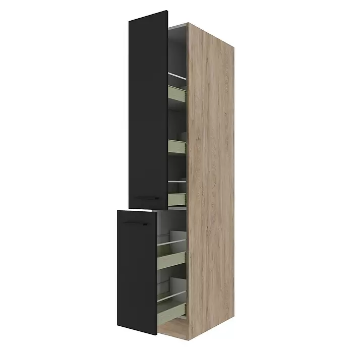 Flex-Well Apotheker-Hochschrank Capri - 57 x 30 x 200 cm, Schwarz - Hoher Vorratsschrank mit teilweise offener schwarzer Tür und heller Holzseitenwand, mit hellgrünen Auszugsschubladen.