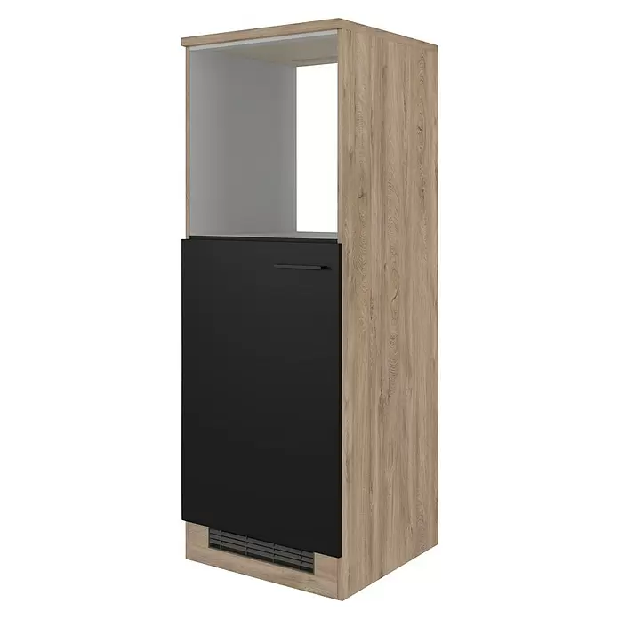 Flex-Well Geräteumbauschrank Capri - 60 x 60 x 168,5 cm, Schwarz - Hoher Küchenschrank aus hellem Holzdekor mit schwarzer Tür, Griff, offenem oberen Fach, grauem Innenraum und Lüftungsgitter.
