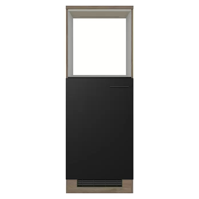 Flex-Well Geräteumbauschrank Capri - 60 x 60 x 168,5 cm, Schwarz - Schwarzes Einbaugerät mit Holzoptikrahmen, Griff und Lüftungsgitter.