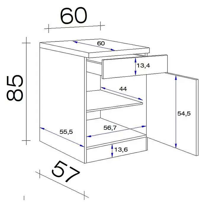 Flex-Well Cara Küchen-Unterschrank - B x T x H: 60 x 60 x 85 cm, Grün - Technisches Datenblatt eines Küchenunterschranks mit einer Schublade, zwei Einlegeböden und einer Tür, mit Höhen-, Breiten- und Tiefenmaßen.