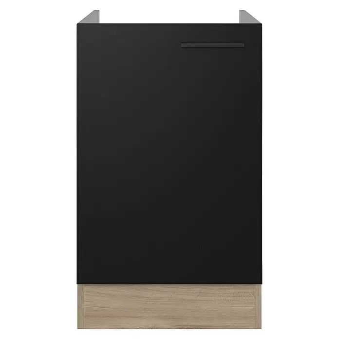 Flex-Well Spülenunterschrank Capri - 57 x 50 x 82 cm, Schwarz - Dunkelgraue integrierte Gerätefront mit Griff und hellem Sockel in Holzoptik.