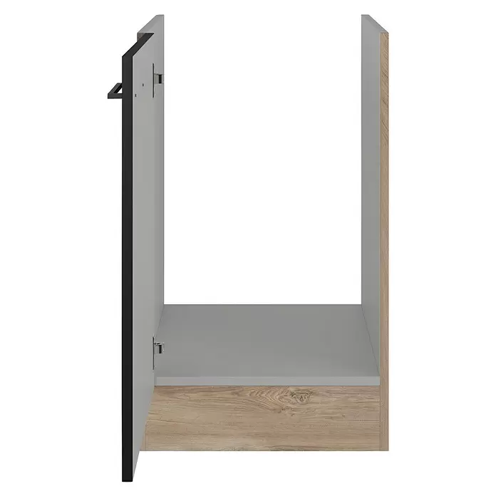 Flex-Well Spülenunterschrank Capri - 57 x 50 x 82 cm, Schwarz - Offener Schrank mit hellem Holzboden, hellgrauem Innenraum und offener Tür mit schwarzer Kante, Scharniere sichtbar.