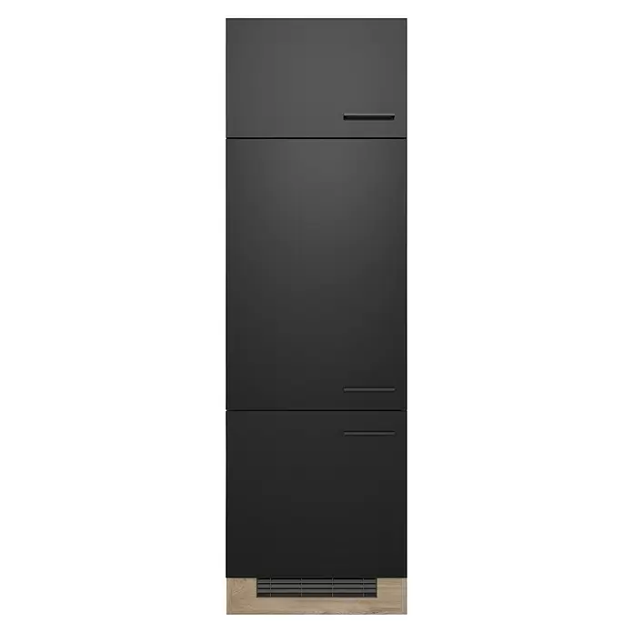 Flex-Well Geräteumbauschrank Capri - 57 x 60 x 200 cm, Schwarz - Dunkelgrauer Schrank mit drei Fächern und integrierten Griffen, auf einem hellen Holzsockel mit Lüftungsgitter.