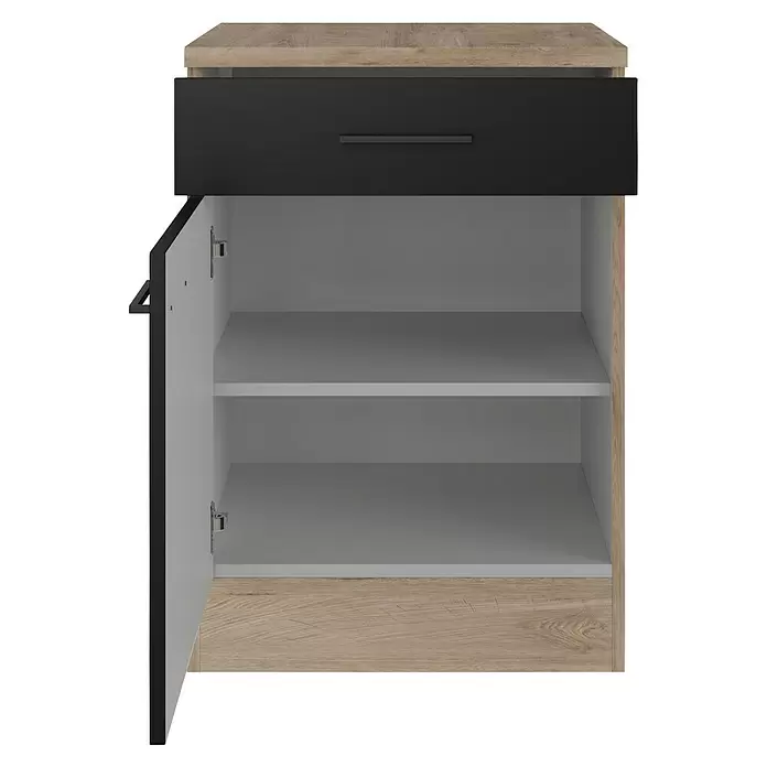 Flex-Well Küchen-Unterschrank Capri - L x B x H: 60 x 60 x 85 cm, Schwarz/Braun - Moderner Nachttisch mit heller Holzoptik, schwarzer Schublade und geöffneter Tür, die zwei Regalböden zeigt.