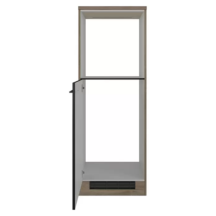 Flex-Well Geräteumbauschrank Capri - 60 x 60 x 168,5 cm, Schwarz - Zweistufiger Schrank in Holzoptik mit weißem Innenraum, dunklem Regal und offener Tür, mit Lüftungsgitter.